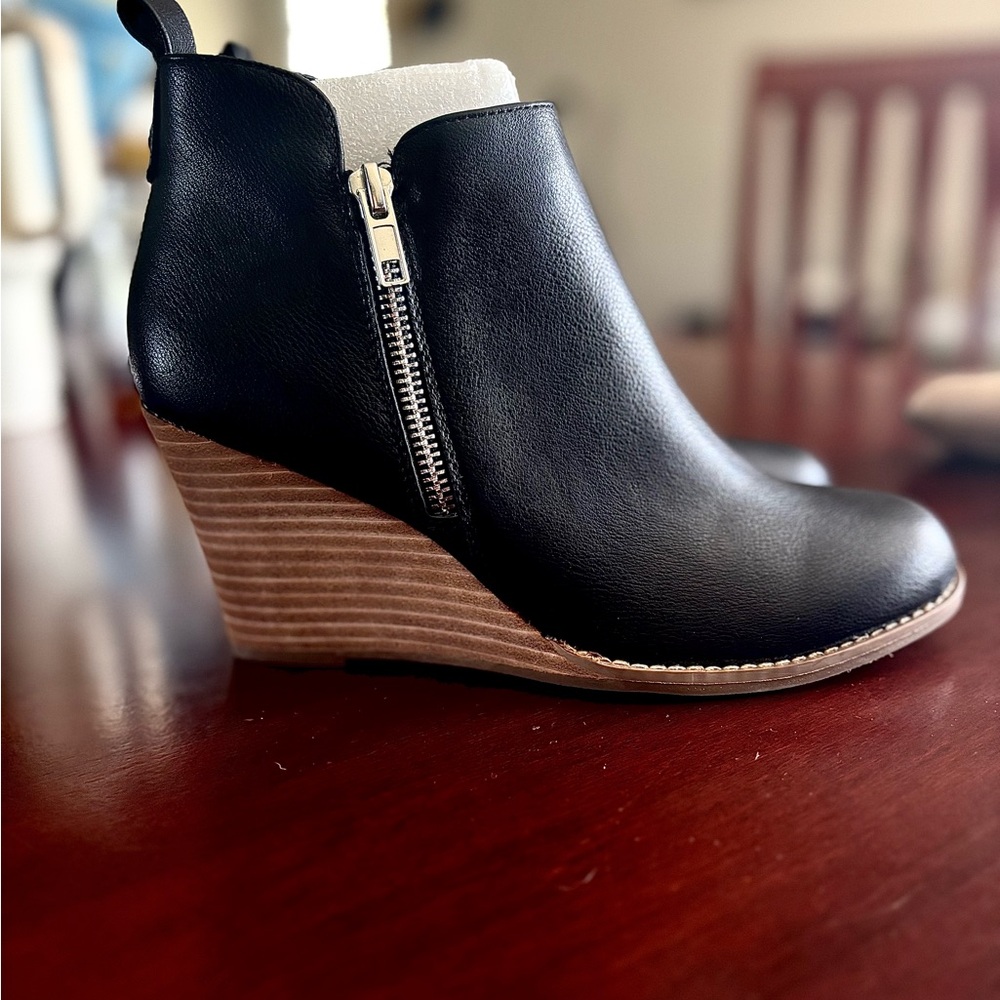 Black Wedge Ankle Boots with Wooden Heel